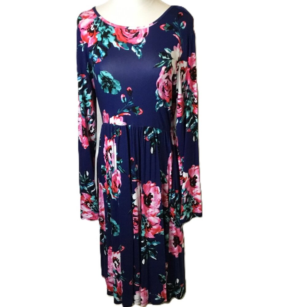 DB MOON‎ Women Casual Long Sleeve Floral Dress Empire Waist Pockets